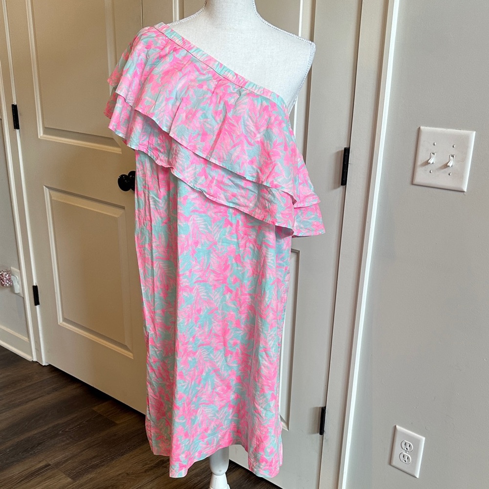 Vineyard Vines Pink & Mint One-Shoulder Ruffle Tropical Dress